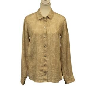 J Jill Love Linen Everyday Floral Button Down Shirt Medium Dark Oatmeal